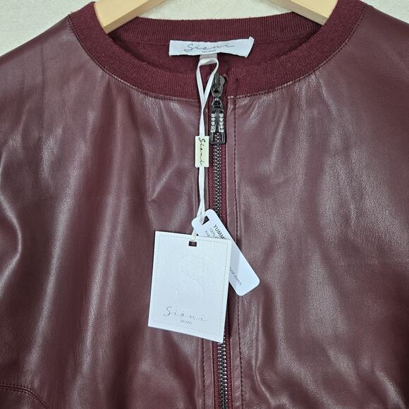 Sioni Milano Faux Leather Jacket sz S Merlot Zip Up Open Knit Sleeve Rhinestone - Picture 9 of 16